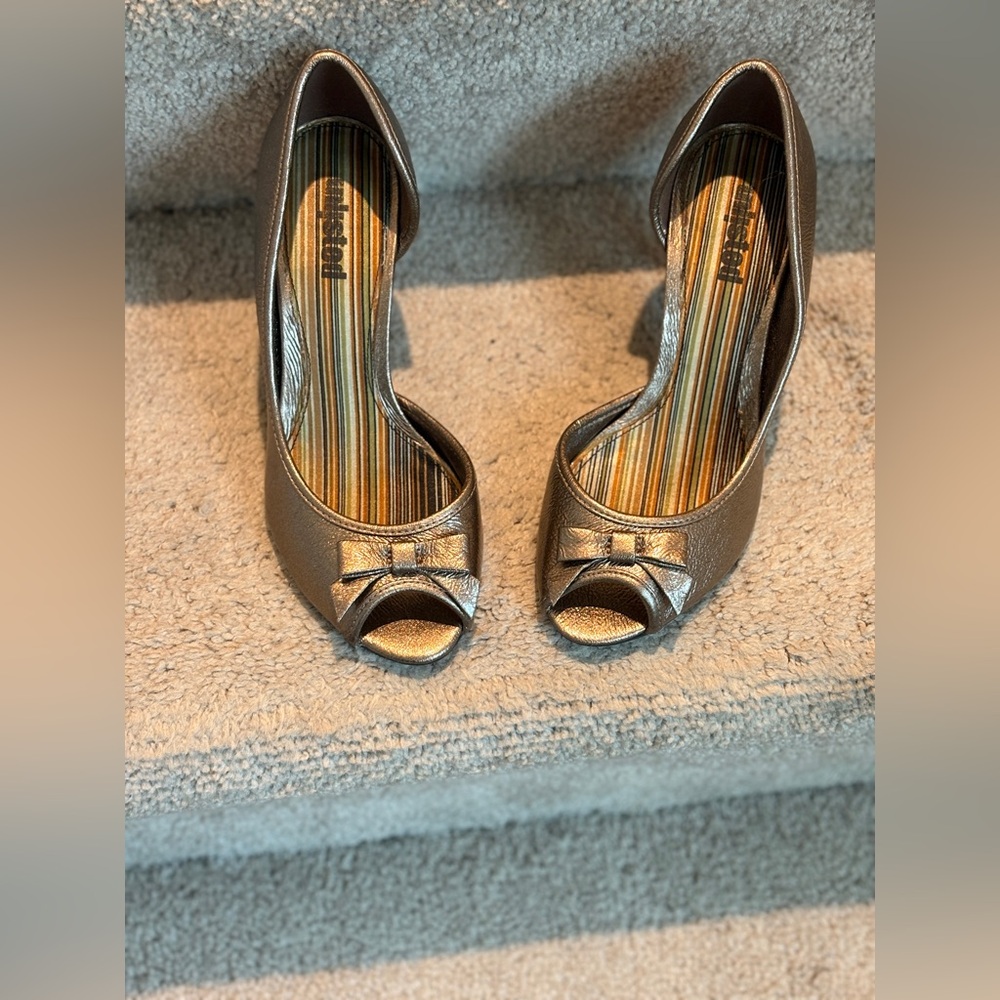 Unlisted Metallic Peep-Toe Heels with Bow